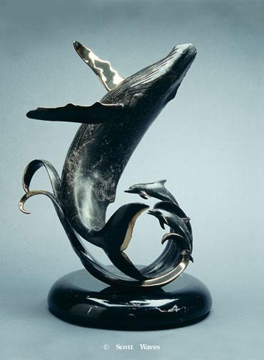 "Making Waves"Bronze Sculpture 17 1/2" x 16"Remarque added (Dolphins) -Making Waves Humpback whale sculpture "Making Waves" by Scott Hanson - "Making Waves" Humpback Whale by Scott Hanson 